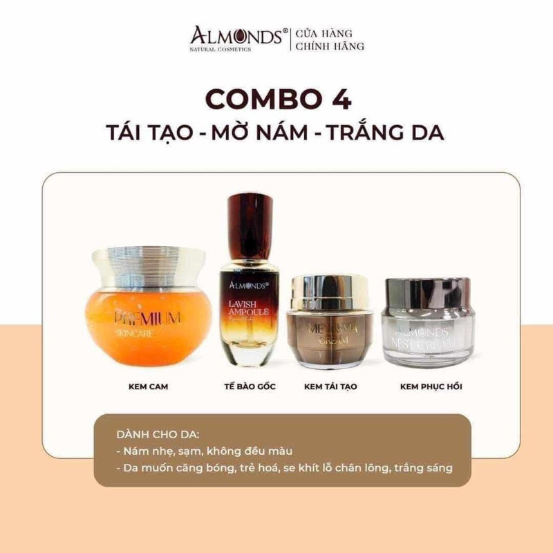 Combo 4 sp Almonds chính hãng : Dành cho da sạm, nám , tàng nhang(peel,dày da,serum,kem cam)