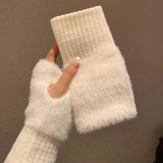 Chồn Lông Cừu Mềm Mại Mùa Đông Nửa Ngón Găng Tay Nữ Ấm Áp Sang Trọng Chắc Chắn Trắng Sang Trọng Dệt Kim Ngón Găng Tay Cổ Tay Viết