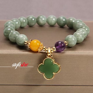  Vòng tay hạt xanh đá tự nhiên giả ngọc xanh viền vàng bốn lá cỏ ba lá mặt dây chuyền vòng tay dành cho nữ hạt đá xanh vòng tay thời trang phụ kiện trang sức tay 