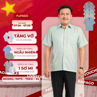 Áo sơ mi nam trung niên PAPAGO tay ngắn lai ngang vải đũi thoáng mát kẻ sọc caro - P23SNCR001