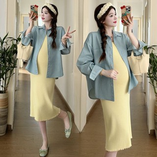 Bộ đồ bà bầu mùa thu đông mới, áo vest vàng, áo sơ mi, áo khoác denim, váy thời trang hai mảnh