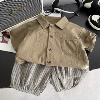 Mới Bé Trai Bé Gái Thoải Mái Cotton Và Vải Lanh Bộ Quần Áo Mùa Hè Mới Tay Ngắn Chắc Chắn Ve Áo Sơ Mi Sọc Quần Short 2 Cái Thường Ngày Trẻ Em Trang Phục 0-5 Tuổi