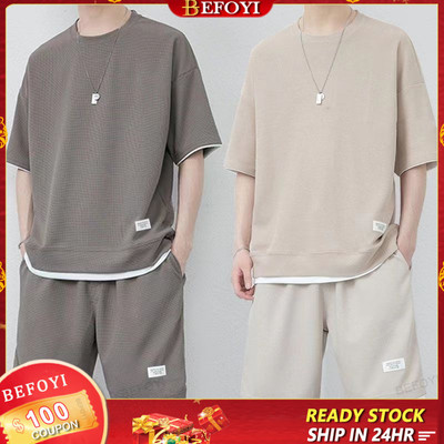 Áo thun nam Waffle thường ngày dáng rộng Bộ ngắn tay Quần Short ngắn phiên bản Hàn Quốc Xu hướng Cặp đôi trẻ trung Ice Silk 2 mảnh Bộ Plus Size dtt31