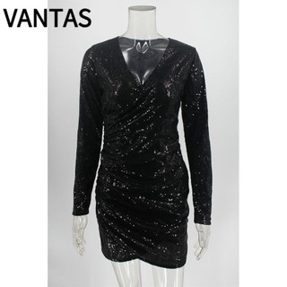 VANTAS   Đầm Dạ Hội Tay Dài Cổ Chữ V Đính Kim Sa Lấp Lánh