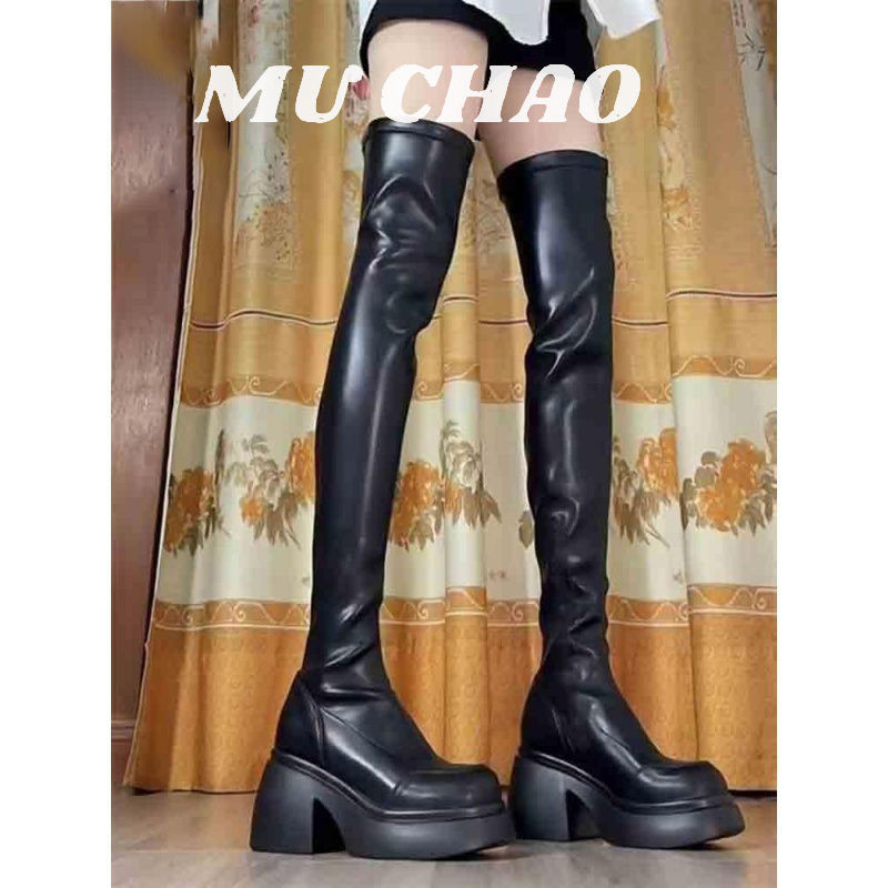 Muchao Giày bốt cao gót mũi tròn đế dày dành cho nữ mùa thu đông phong cách mới phù hợp với khí chất thon gọn trên đầu gối bốt