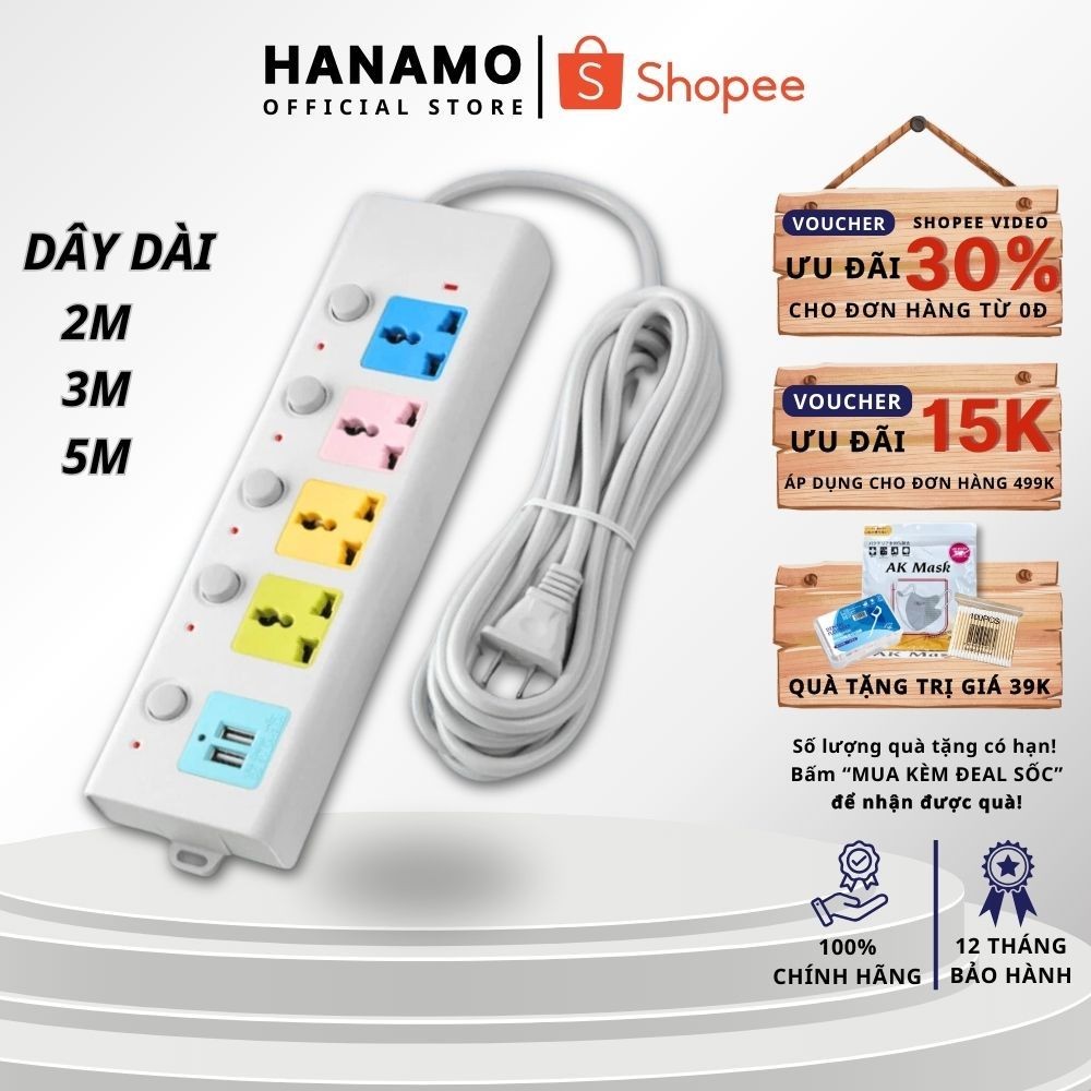 Ổ Cắm Điện Dây Dài 2m và 5m có 4 ổ đa năng và ổ USB có Công tắc tắt bật