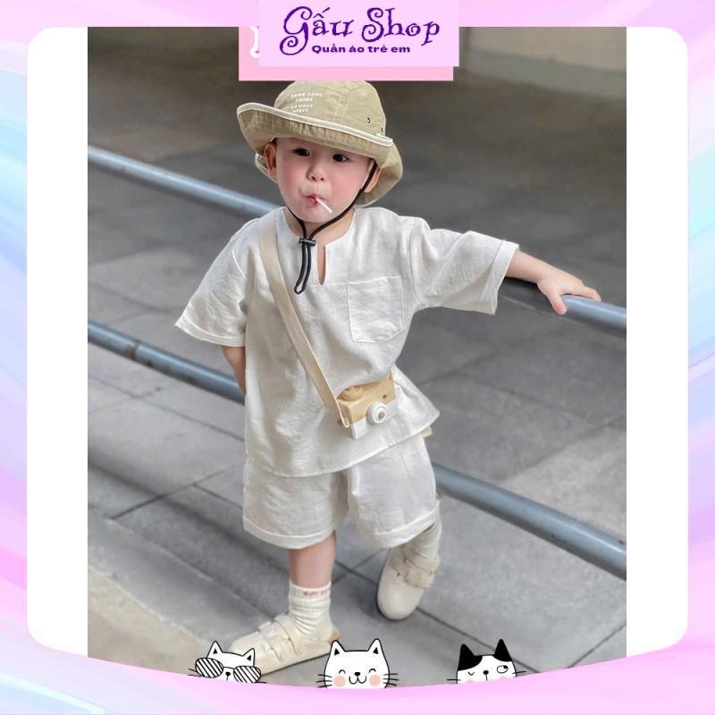 X53, Bộ quần áo bé trai, Set áo đũi cổ V kèm quần sooc đùi cho bé trai