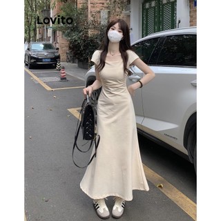 Đầm Lovito cổ vuông màu trơn phong cách thường ngày cho nữ LNE49481