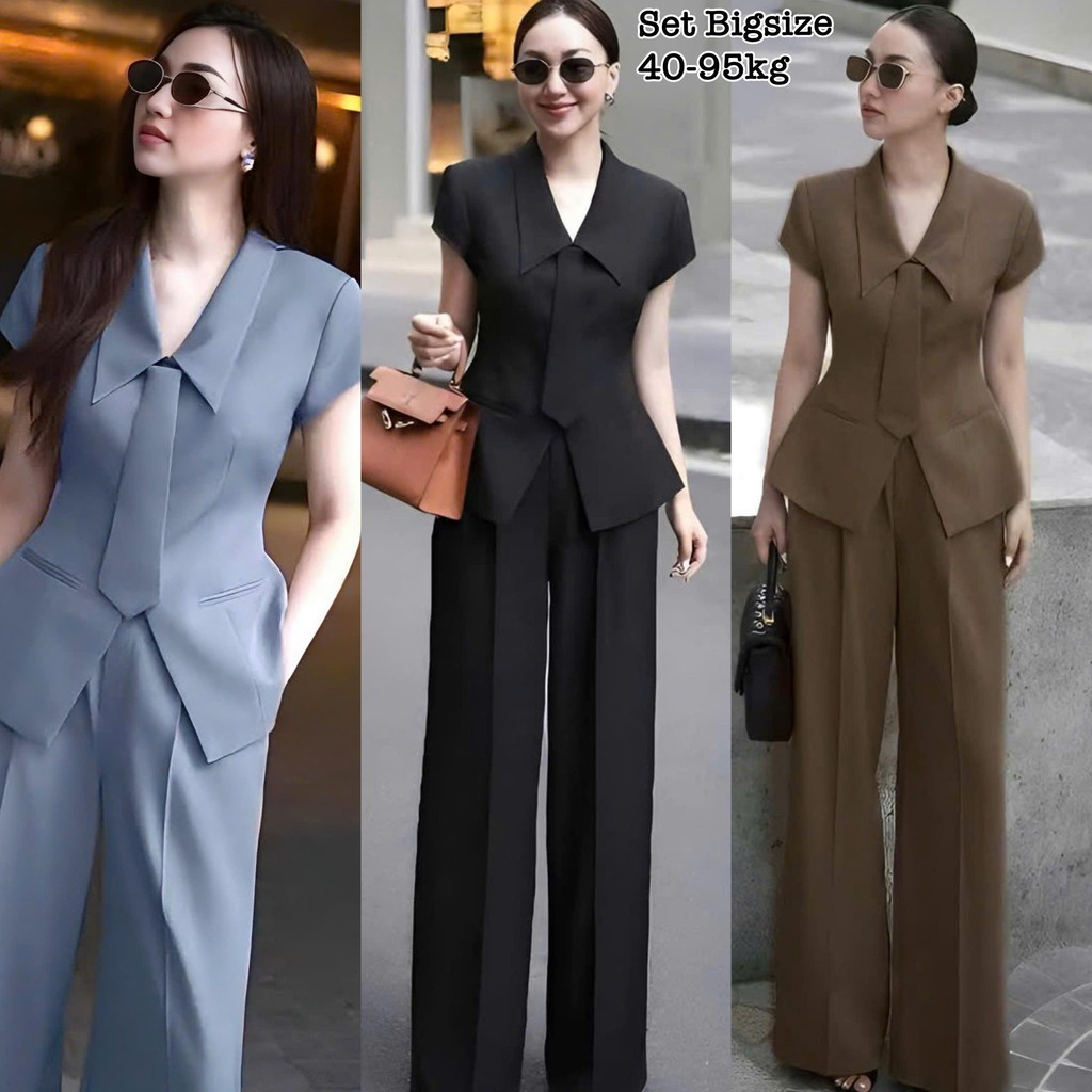 Thời Trang Bigsize - Set Bộ Vest Nữ Tay Ngắn Bigsize Kèm Quần Ống Suông Lụa Chéo Thái Kèm Cà Vạt Dự 