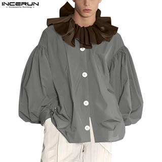 Incerun Nam Vintage Ruffle Cổ Màu Chặn Tay Phồng Áo Sơ Mi Rời