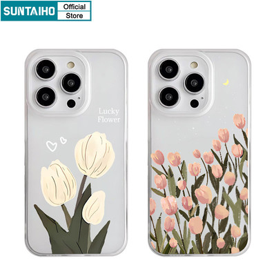 Suntaiho Thẩm Mỹ Họa Tiết Hoa Tulip Trong Suốt Mờ Dành Cho Iphone 16 15 14 12 13 11 Pro Max IP 7 8 Plus Iphon X Xs XR Xs Max TPU Silicon Mềm Cao Cấp Chống Sốc Ốp điện thoại