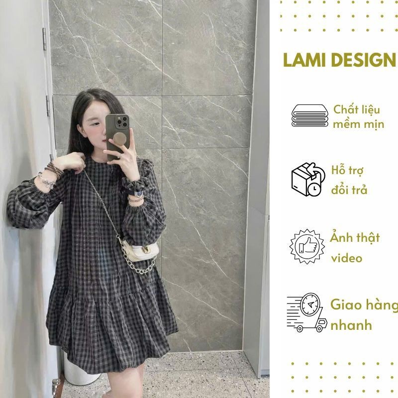 Đầm Bầu Công Sở Đầm Thiết Kế Kẻ Caro Tay Dài Thiết Kế Xếp Ly Trước Ngực Dáng Lỡ Xinh Xắn LAMI