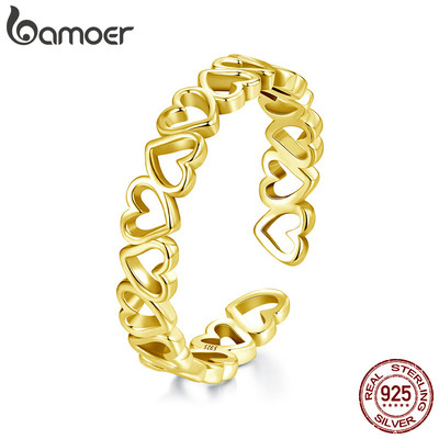 Bamoer 925 Sterling Sliver Mở Nhẫn Màu Vàng Trái Tim Trang Sức Thời Trang Quà Tặng Cho Nữ