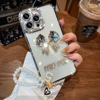 Ốp Lưng Kim Cương Giả Lấp Lánh Thời Trang Cho IPhone 14 15 16 Pro Max IP 12 13 Pro Max Mềm Trong Suốt Bảo Vệ Ống Kính Máy Ảnh Vỏ Điện Thoại Có Dây Xích Tay Ngọc Trai