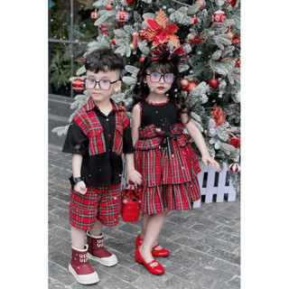 BABY MUN KIDS [ 11Kg - 35Kg ] Set Đồ đôi bộ quần áo, Váy Đầm kẻ caro đỏ Giáng sinh, Noel Bé Trai , Bé Gái Trẻ Em