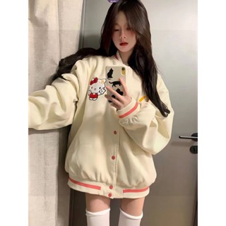 Đồng phục bóng chày cổ điển Mỹ Hello Kitty Áo khoác rộng rãi Áo khoác nữ mùa thu đông Áo khoác dài tay Triều [BL]