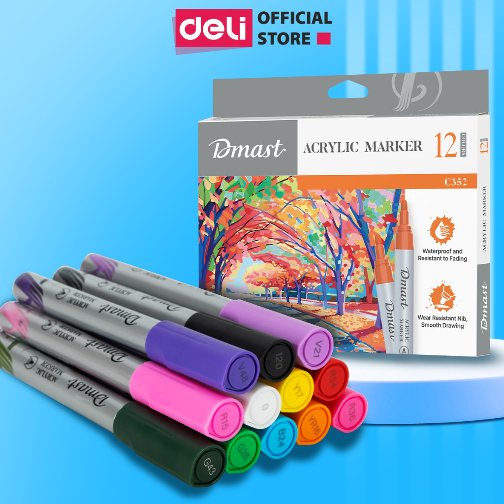 Bút Sơn Acrylic Marker Dmast Deli Cao Cấp - Hộp 6/12 Màu - Metallic Colors - Chống Nước Vẽ Trên Mọi 