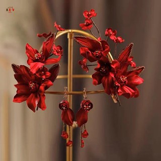 YADORNOS Kẹp tóc bên hoa dành cho người phụ nữ có đinh tán tai Kẹp hoa màu trắng / đỏ và bông tai hoa để trang trí tiệc sân khấu sinh nhật