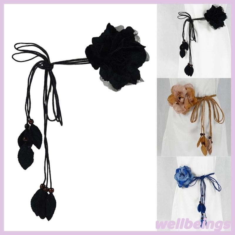 Self-Tie Waist Belt for Women Bohemian Seaside Braided Dress Belt with Flower