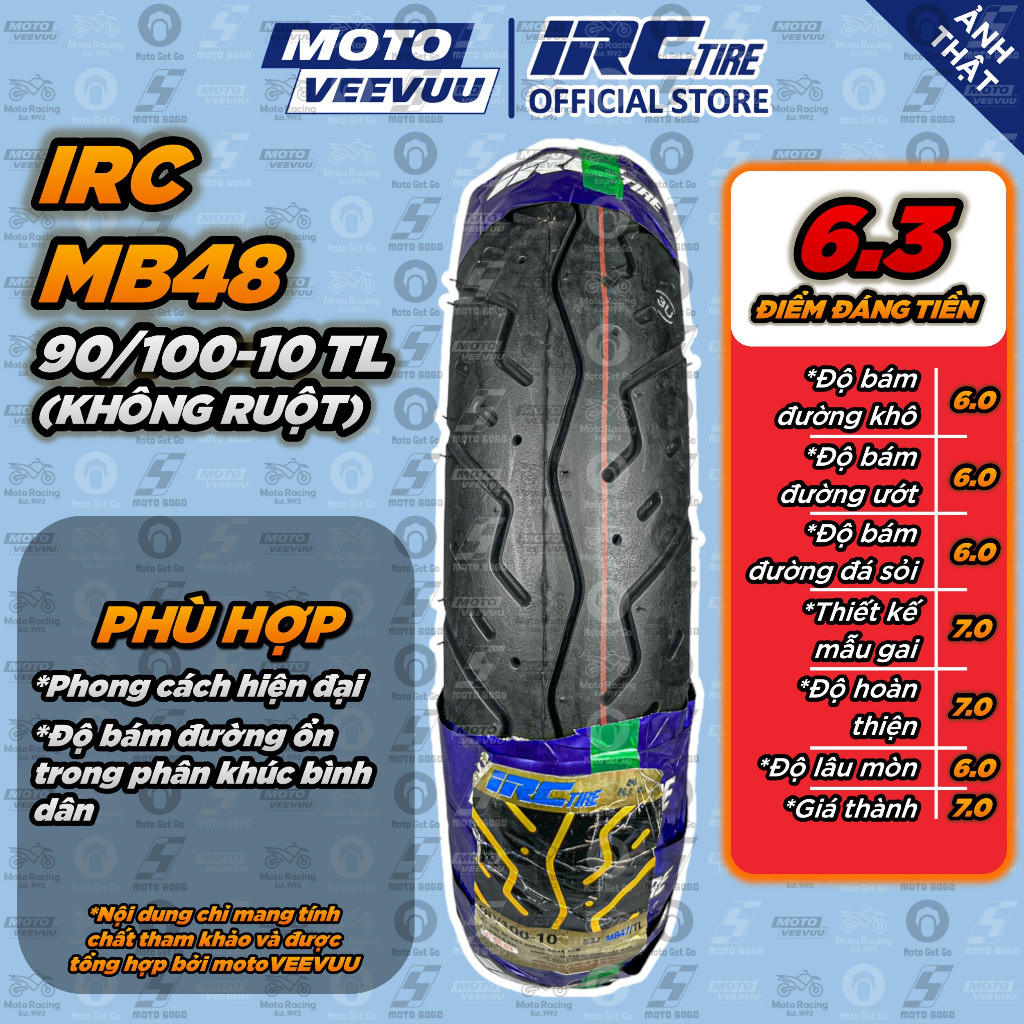 [MTVV] Vỏ lốp xe máy IRC INOUE 90/100-10 TL MB48 Sau LEAD Attila Spacy Lốp không ruột<END>