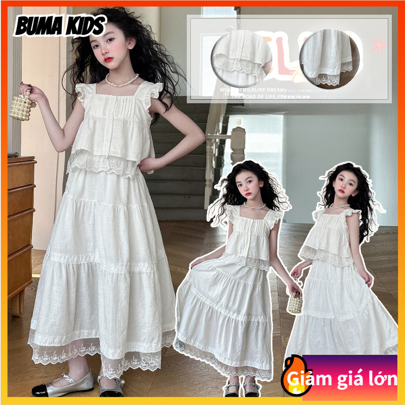 BUMA KIDS🔥váy gái Không tay Màu trắng 2025 Hàn Quốc Sinh nhật Váy công chúa