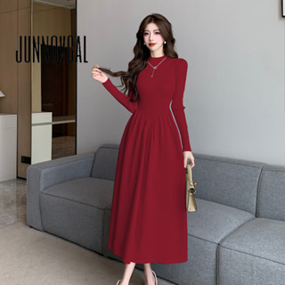  JUNNOVGAL Nữ Midi Đầm Dài Tay Đan Nách Eo Phong Cách Mùa Đông 