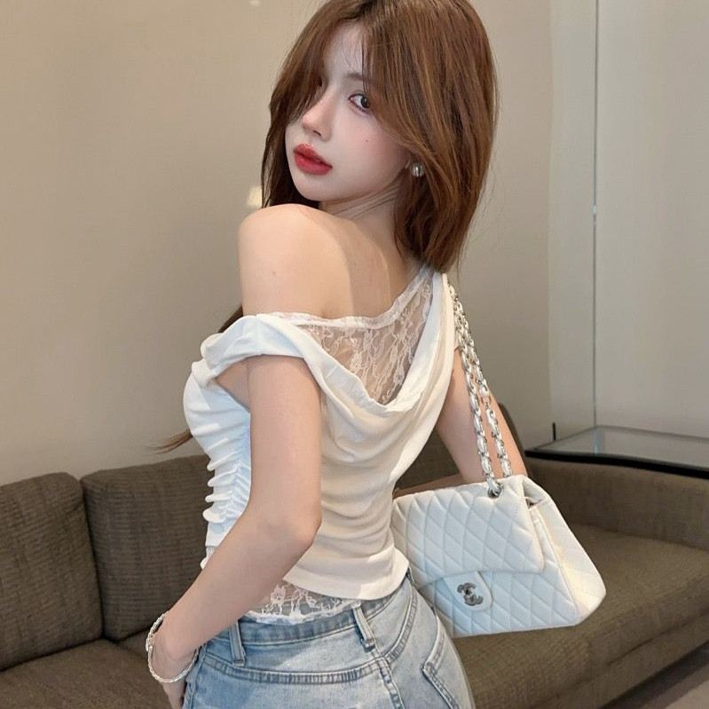 Gợi Cảm Phong Cách Cô Gái Nóng Cổ Xoay Thiết Kế Thời Trang Bất Đối Xứng Đeo Vai Ngắn Tay Ren Khâu Thiết Kế Giả Hai Mảnh Ngắn Top Mùa Hè Slim fit Crop Ngắn | BigBuy360 - bigbuy360.vn