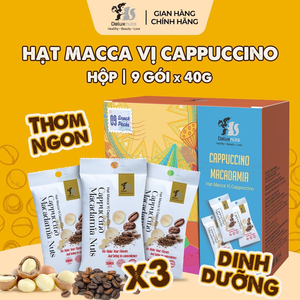 [Hỏa tốc] Hộp 9 Gói Maccadamia Vị Cappuccino Deluxnuts | Hạt Dinh Dưỡng, Snack Ăn Vặt (Tổng Trọng Lượng 360g)