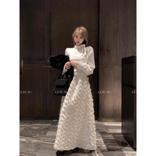 Váy Nữ Liền Cổ Cao Đính Nơ Dài Vừa Dài Tay Phong Cách Nhẹ Nhàng Khí Chất Tôn Dáng Gầy Chít Eo Mùa Đông