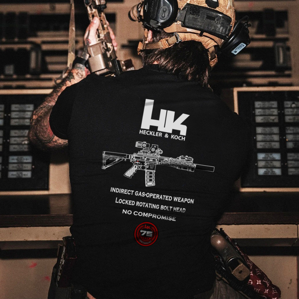 Áo Thun Tay Ngắn Heckler & Koch HK416 Kỷ Niệm 75 Năm, 100% Bông, Phù Hợp Cho Thể Thao Ngoài Trời