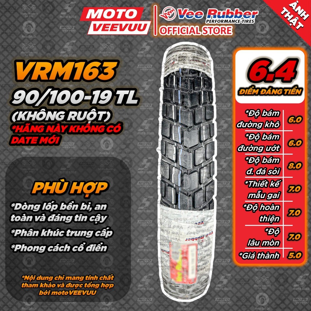 [MTVV] Lốp vỏ xe máy VEE RUBBER 90/100-19 TL VRM163 (Lốp không ruột VeeRubber)<END>