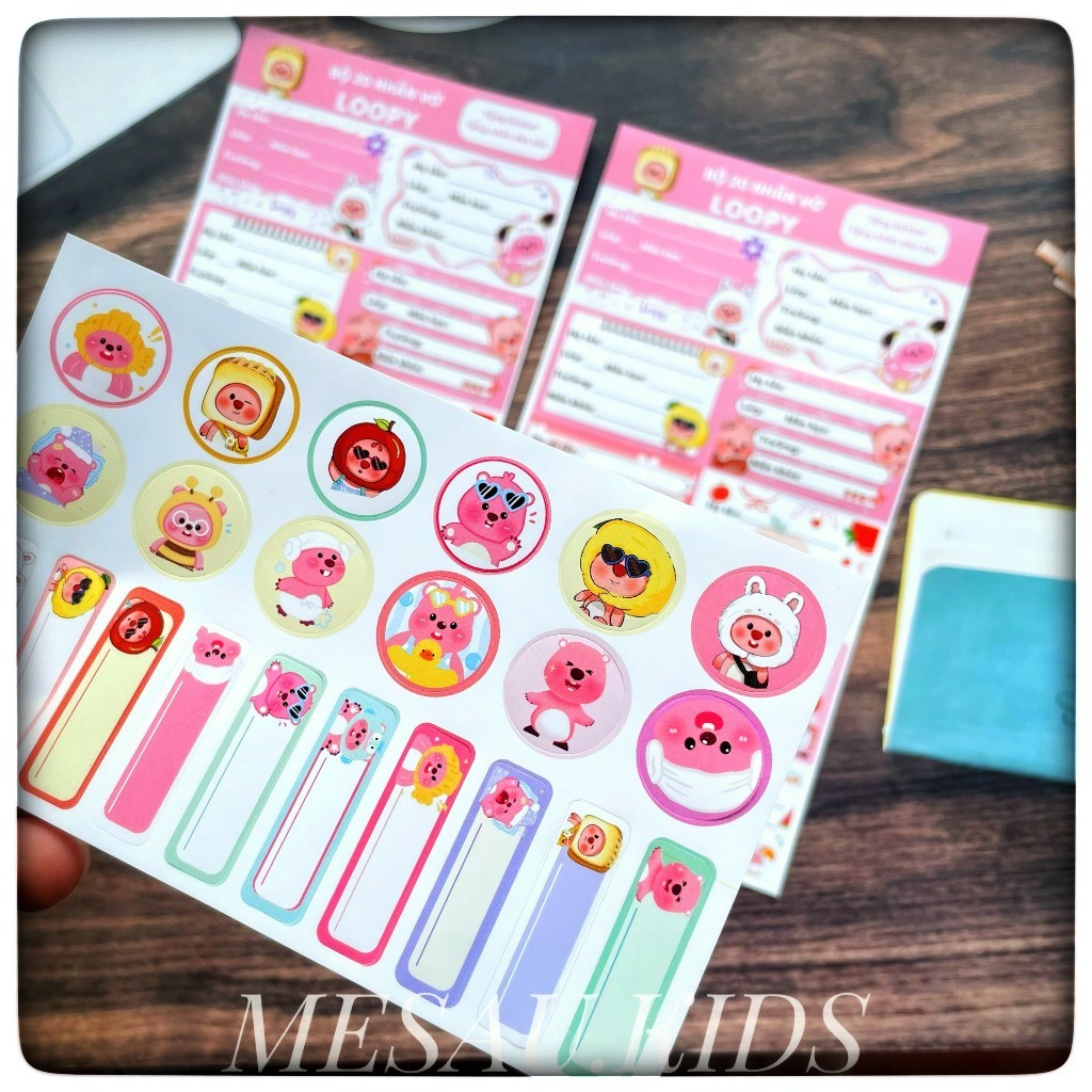 Set 20 Nhãn Vở Bóc Dán Đáng Yêu Tặng Kèm Sticker Bảng Tên Trang Trí Đồ Dùng Học Tập LOOPY