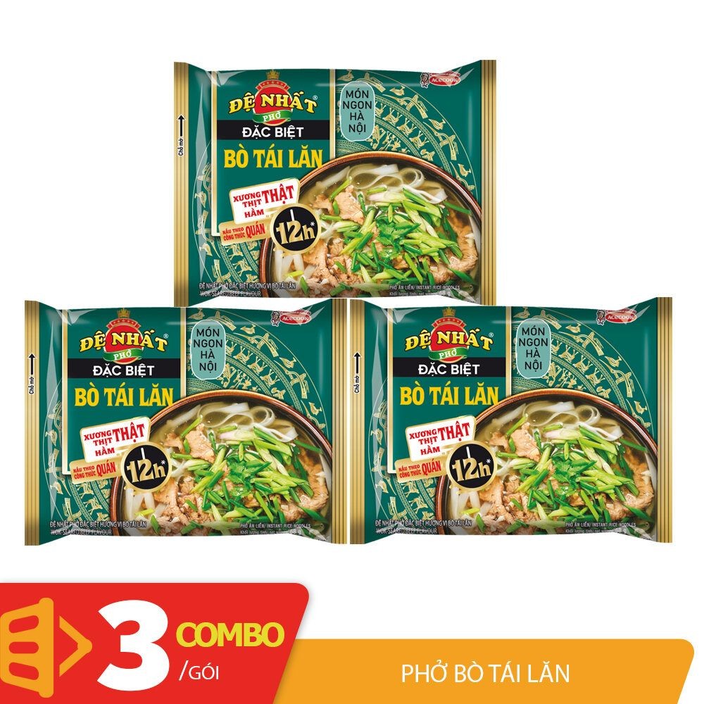 Combo 3 gói Phở bò tái lăn phở Đệ Nhất đặc biệt Acecook gói 68gr