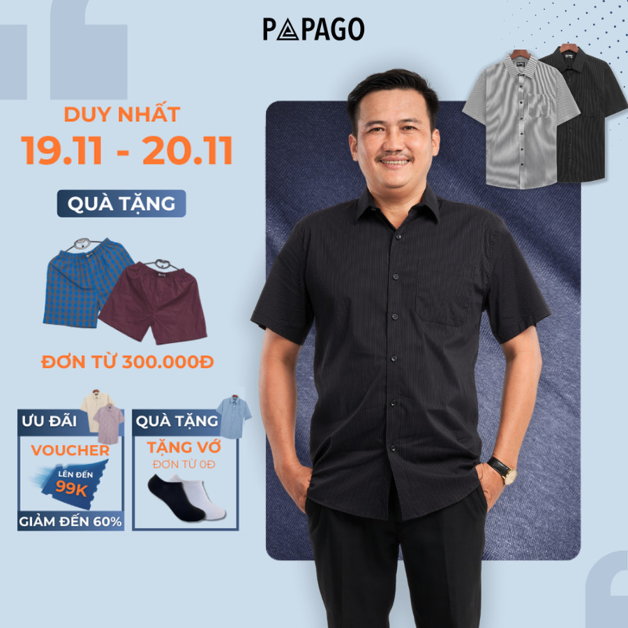 Áo sơ mi tay ngắn lai bầu nam trung niên PAPAGO - vải kate thun sọc nhí - P23SNKD002