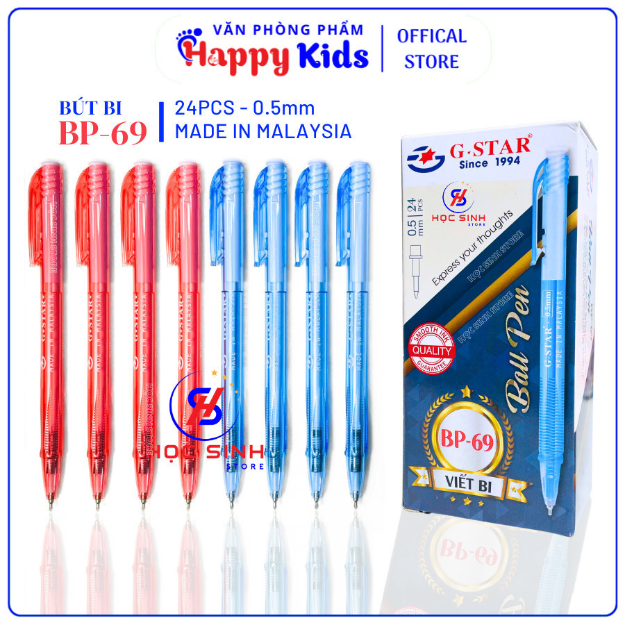 Hộp 24 Cây Bút Bi 0.5mm G-Star BP69 (Mực Xanh/Đỏ) Sản Xuất Tại Malaysia, Đầu Bi Thụy Sĩ Cho Mực Đều,