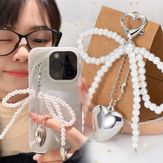 Hàn Quốc Y2K Ngọc Trai Hạt Dây Nơ Móc Khóa - Túi Xách Trang Trí Chìa Khóa Ô Tô - Sang Trọng Nơ Hình Trái Tim Mặt Dây Chuyền Móc Khóa