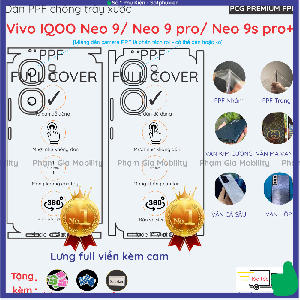 Dán PPF lưng full viền Vivo IQOO Neo9 (Neo 9)/ Neo 9 Pro/ Neo 9S Pro+ trong, nhám, hoạ tiết, vân kim