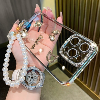 Ốp Điện Thoại Lấp Lánh Thời Trang Cho IPhone 14 15 16 Pro Max Plus Tương Thích Với IP 11 12 13 Pro Max Mềm Trong Suốt Chống Sốc Vỏ Bảo Vệ Ống Kính Máy Ảnh Với Dây Xích Tay Ngọc Trai