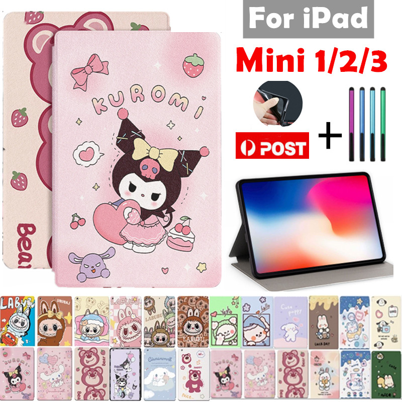 Ốp Lưng LABU Hoạt Hình Dễ Thương Cho iPad Mini 1 / 2 / 3 (7.9 ") Chân Đế Thông Minh Cho Trẻ Em Mokoko Kuromi Dâu Gấu FIMO Da Bảo Vệ Flip Cover