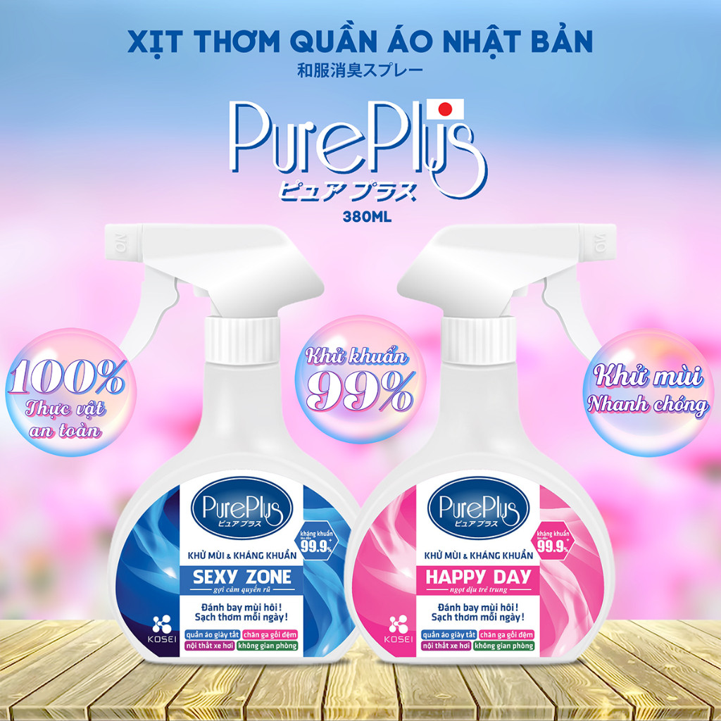 Xịt thơm phòng kháng khuẩn khử mùi đa năng Nhật Bản Pure Plus 380ml, 4 mùi lưu hương lâu.