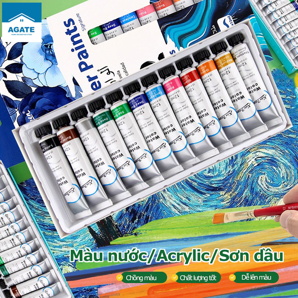 màu nước dạng tuýp, Màu Acrylic, màu nước acrylic, 12màu nước acrylic dạng tuýp, độ phủ cao Độ bám d