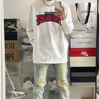 [Quần Áo Nam Baile] Quần Áo Cotton Nguyên Chất Nặng Mặc Dạo Phố In Chữ Độc Đáo Áo Thun Dài Tay Nam Thu Đông Thiết Kế Mỹ Loose Street Top