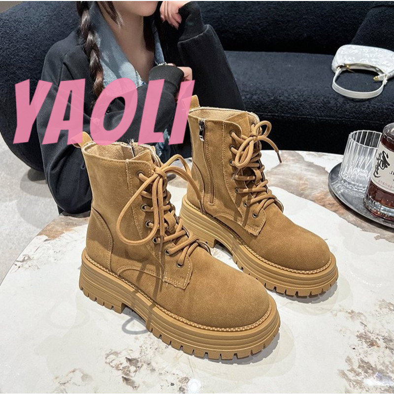 Yaoli.giày nữ. Giày bốt cao gót đế dày đế dày. Giày cao gót cài ren.