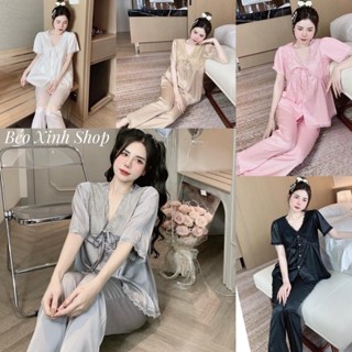 Đồ Bộ - Đồ Ngủ Quần Áo Vải Lụa Gấm Xước Cao Cấp Tay Ngắn Quần Dài Pijama Bigsize 50-100kg Nữ Pants Lịch Quần Ngủ