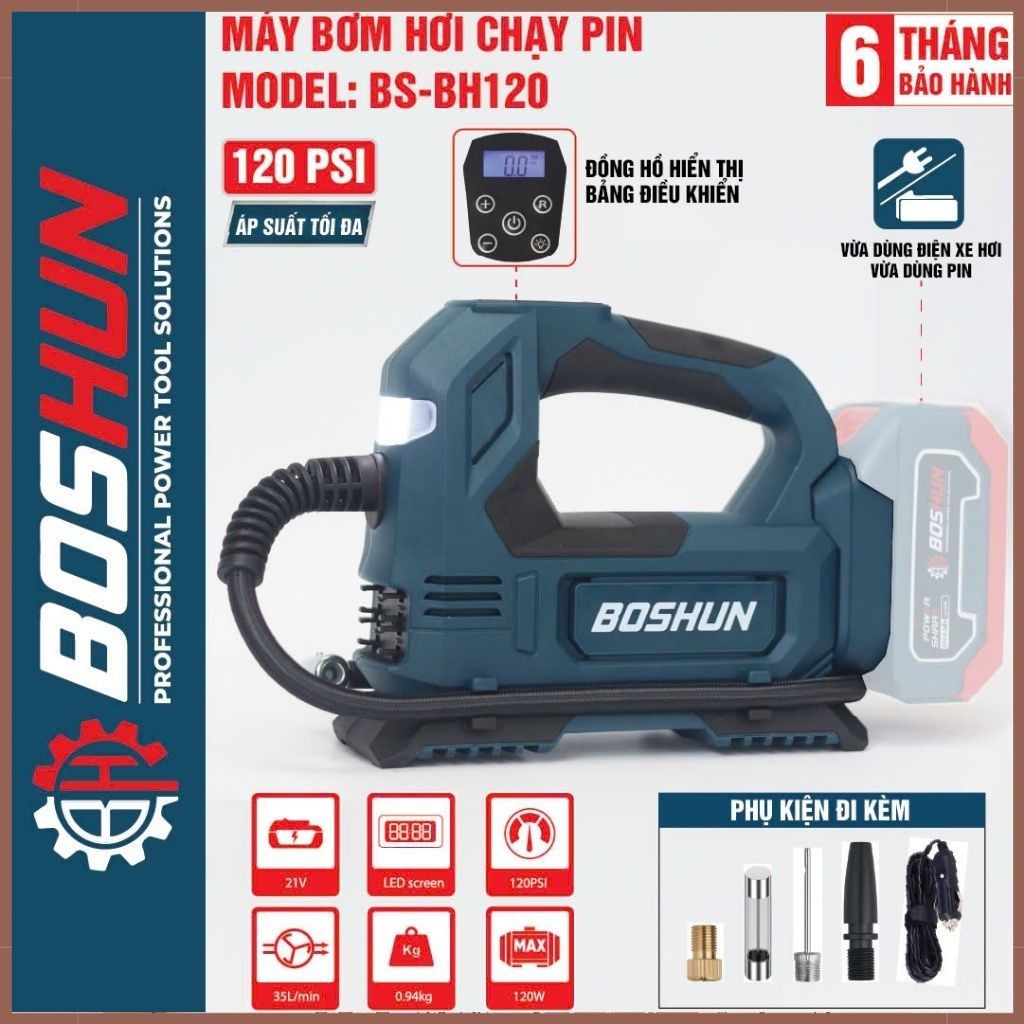 Máy bơm hơi pin BOSHUN BS-BH120, 120w, Nặng 940gram, Áp suất tối đa 120 psi, Màn hình led