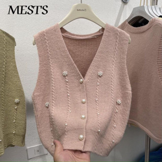 Áo gi lê dệt kim dễ phối đính cườm cổ chữ V mẫu mới Áo len nữ không tay áo ba lỗ áo Cardigan