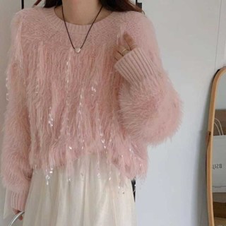 Áo len nữ tua rua thời trang mẫu mới xuân thu 2024 Áo dệt kim giả lông chồn rộng rãi chui đầu Dài Tay Cổ Tròn Nữ
