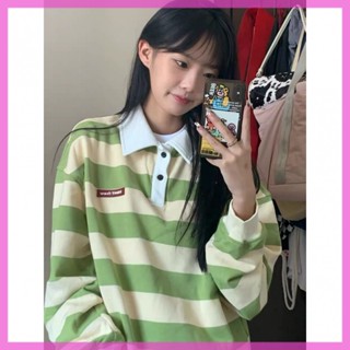 【Hàng sẵn Áo phông y2k POLO áo hoodie thích hợp thiết kế kiểu mỏng cho nữ áo dài tay kẻ sọc phong cách lười rộng rãi