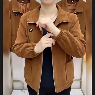 Áo khoác mẹ mùa thu 2025 Phong cách mùa đông Áo khoác vải nhung nữ dày trung niên Người cao tuổi hàng đầu dáng rộng chống gió màu trơn phong cách