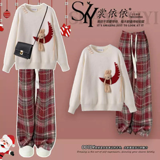 [HHH] Bộ đồ phong cách Giáng sinh mùa đông mới cho nữ sinh áo len thỏ rộng rãi phong cách Hàn Quốc quần ống rộng kẻ sọc Bộ hai chiếc thời trang